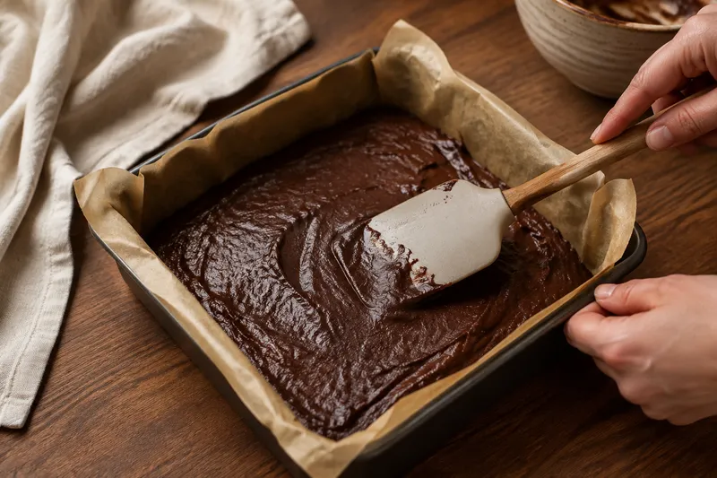 Dik vegan browniebeslag wordt in een vierkante met bakpapier beklede vorm gestreken