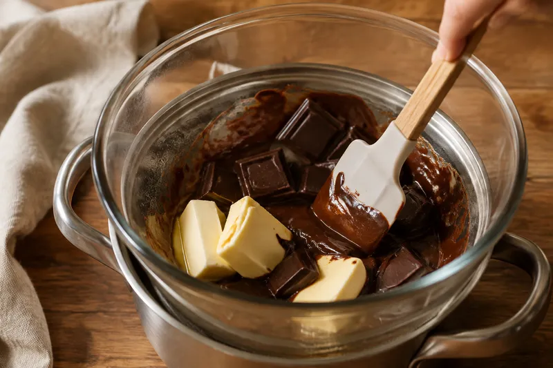 Plantaardige boter en pure vegan chocolade smelten in een hittebestendige kom
